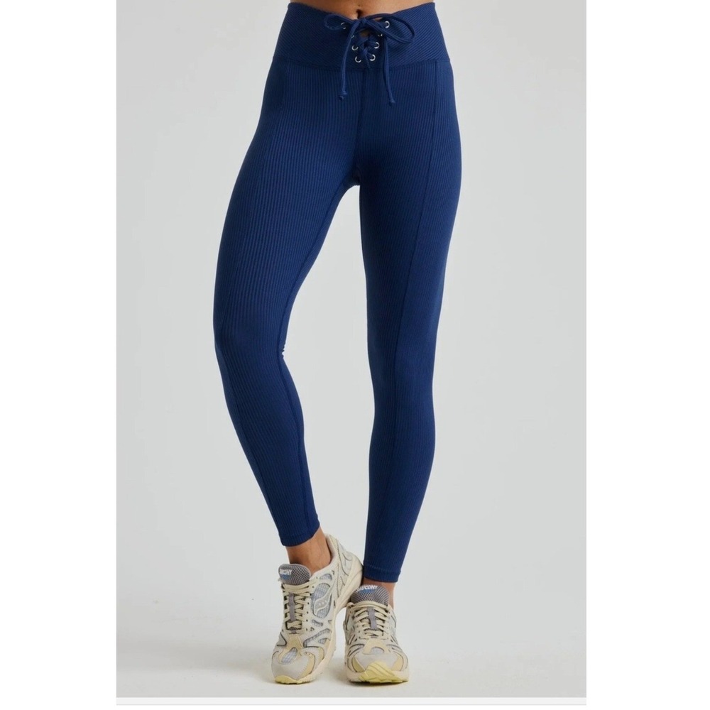 Year of Ours Ribbed Lace Up Leggings Women S Navy Blue Excellent High Waist Yoga